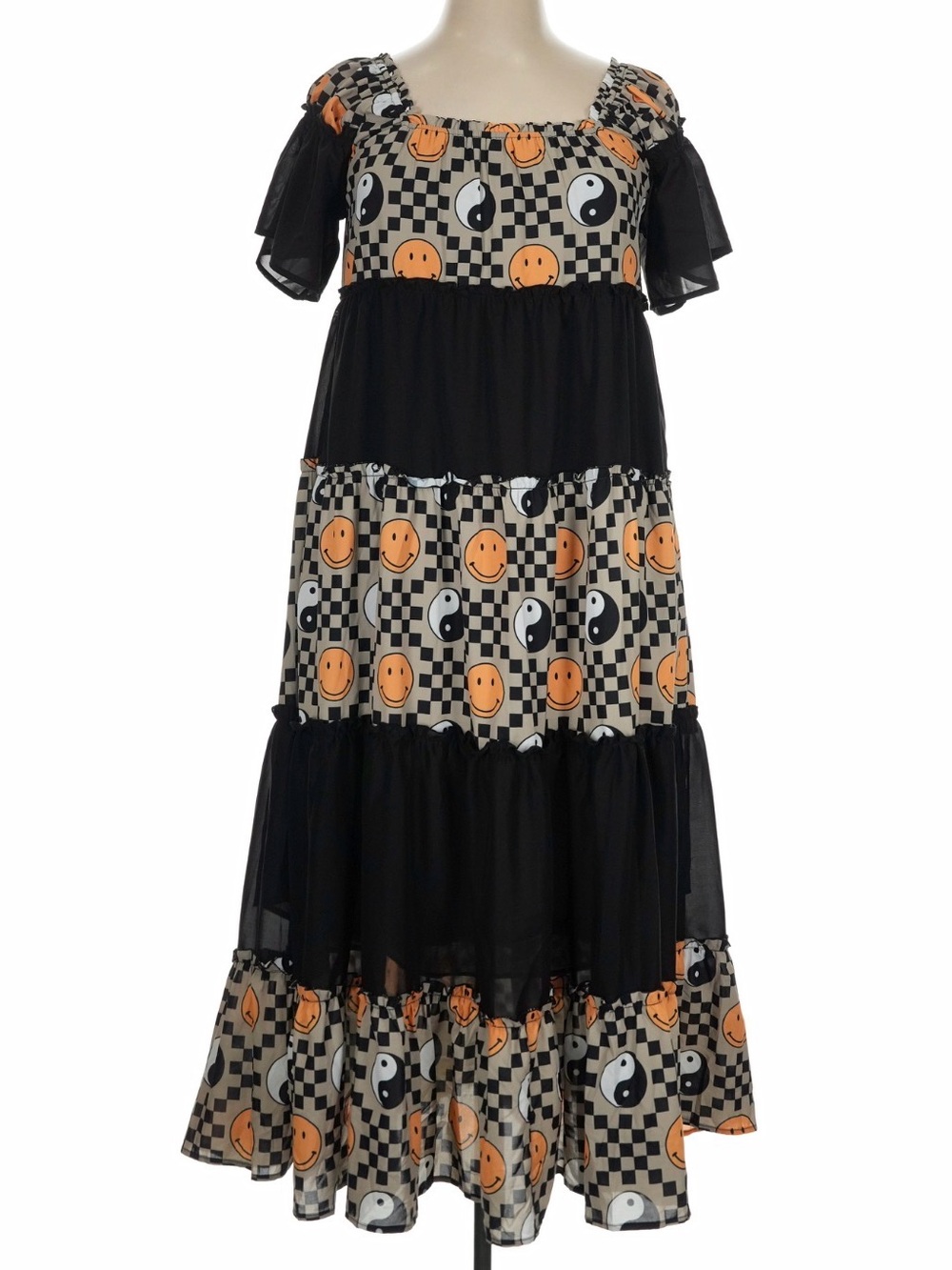 Dressed in LALA Black & Orange Smiley Yin-Yang Tiered Maxi Dress